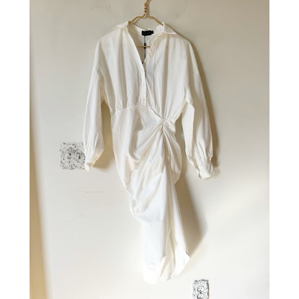 NWT Prettylittlething White Gathered Midi Shirt Dress Balloon Sleeves 4 - Picture 5 of 11